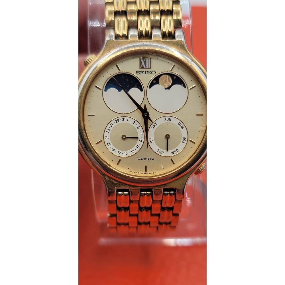 Very Rare 1980s Seiko Moon&Sun, Day,date Gold Tone Quartz Wr 7F18-8A00#110013